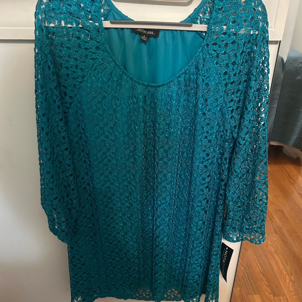 Notations Blue Lace Blouse with 3/4 Sleeves